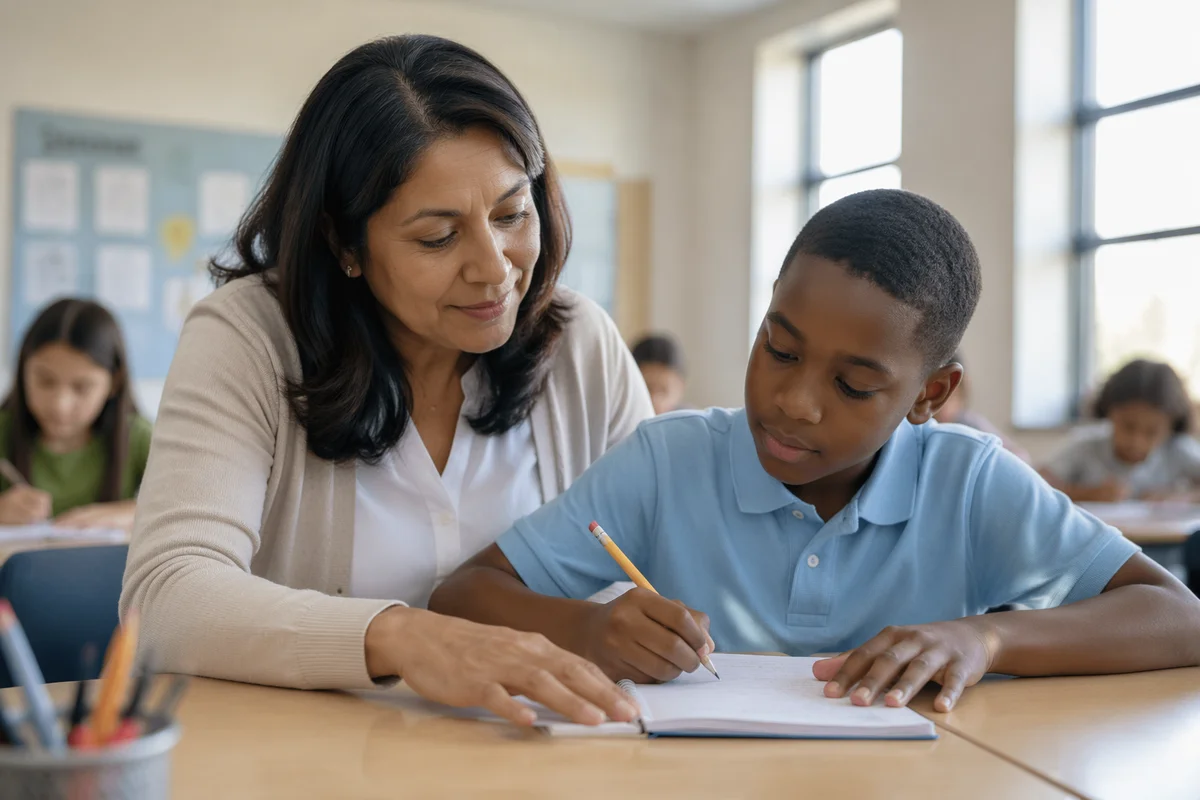 Teacher Helping Student at Classroom Desk