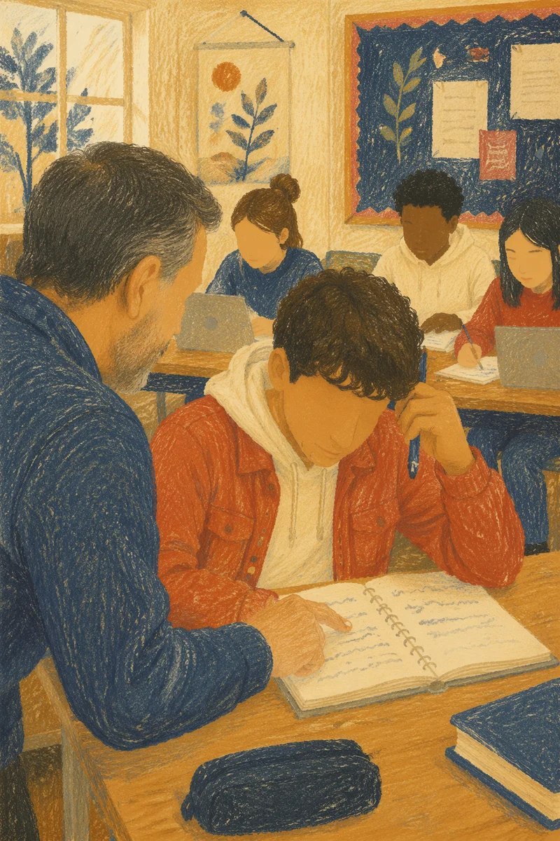 Teacher Guiding Student in Diverse Classroom