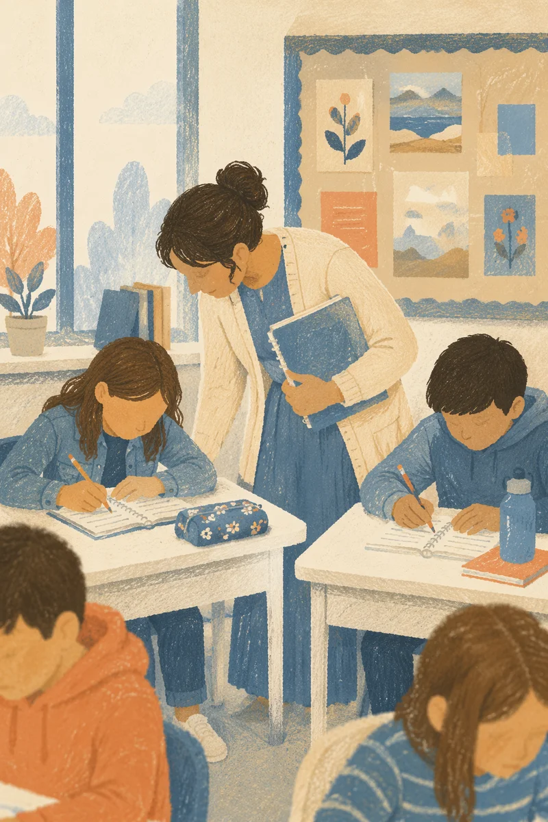 Diverse Teacher Supporting Students in Classroom