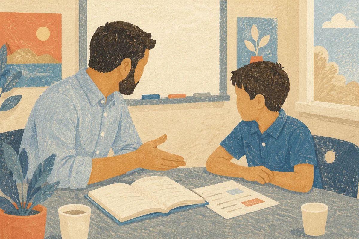 Diverse Teacher Guiding Student in Classroom