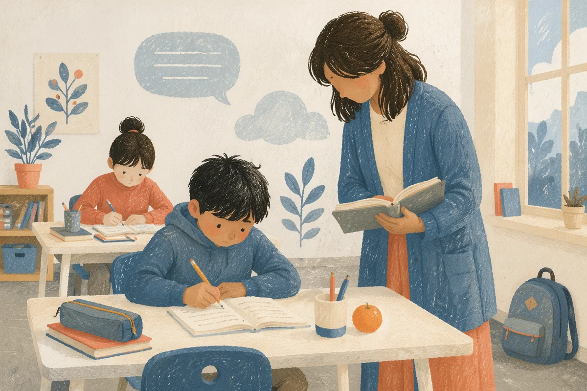 Diverse Teacher Supporting Students in Classroom