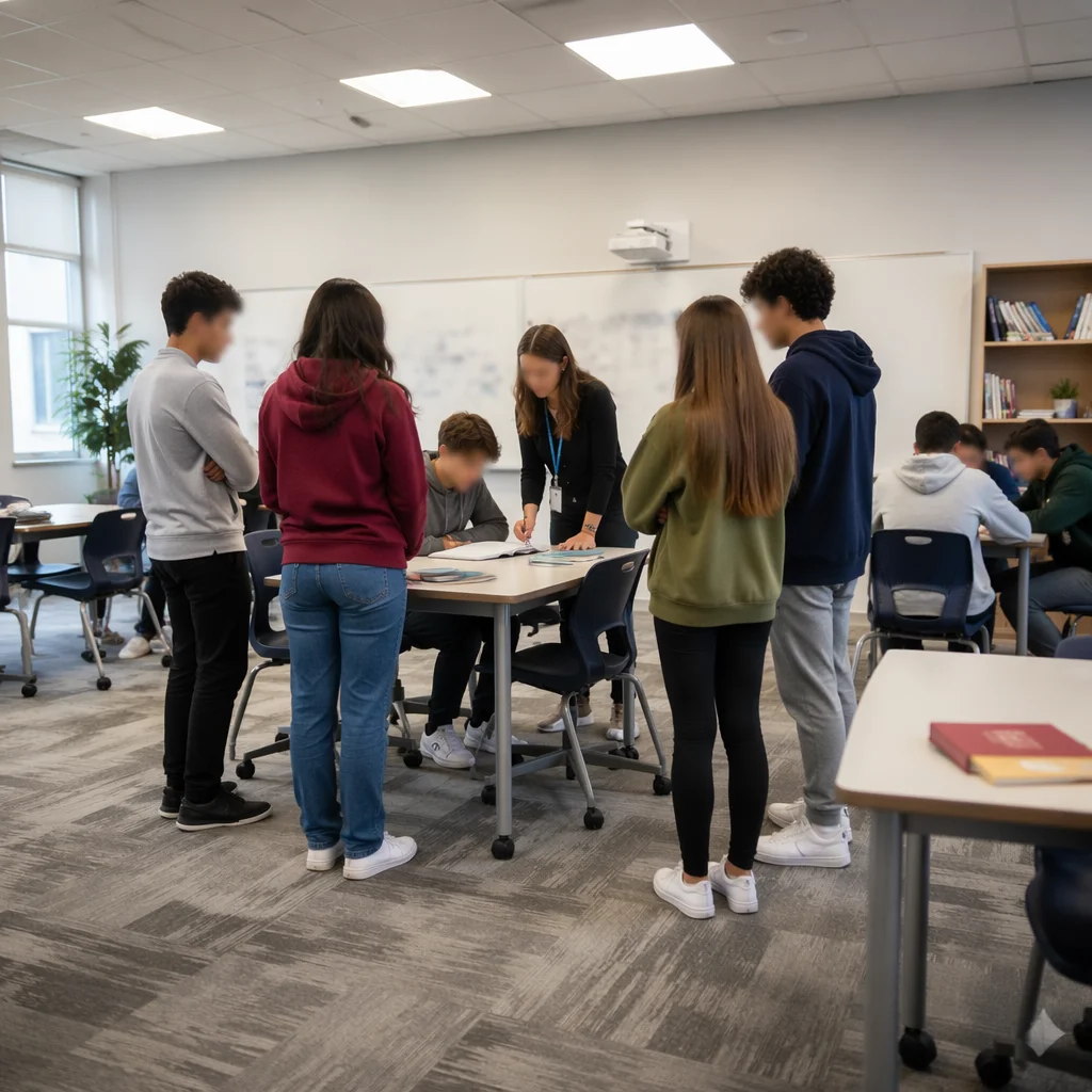 Diverse Teacher Supporting Student in Classroom