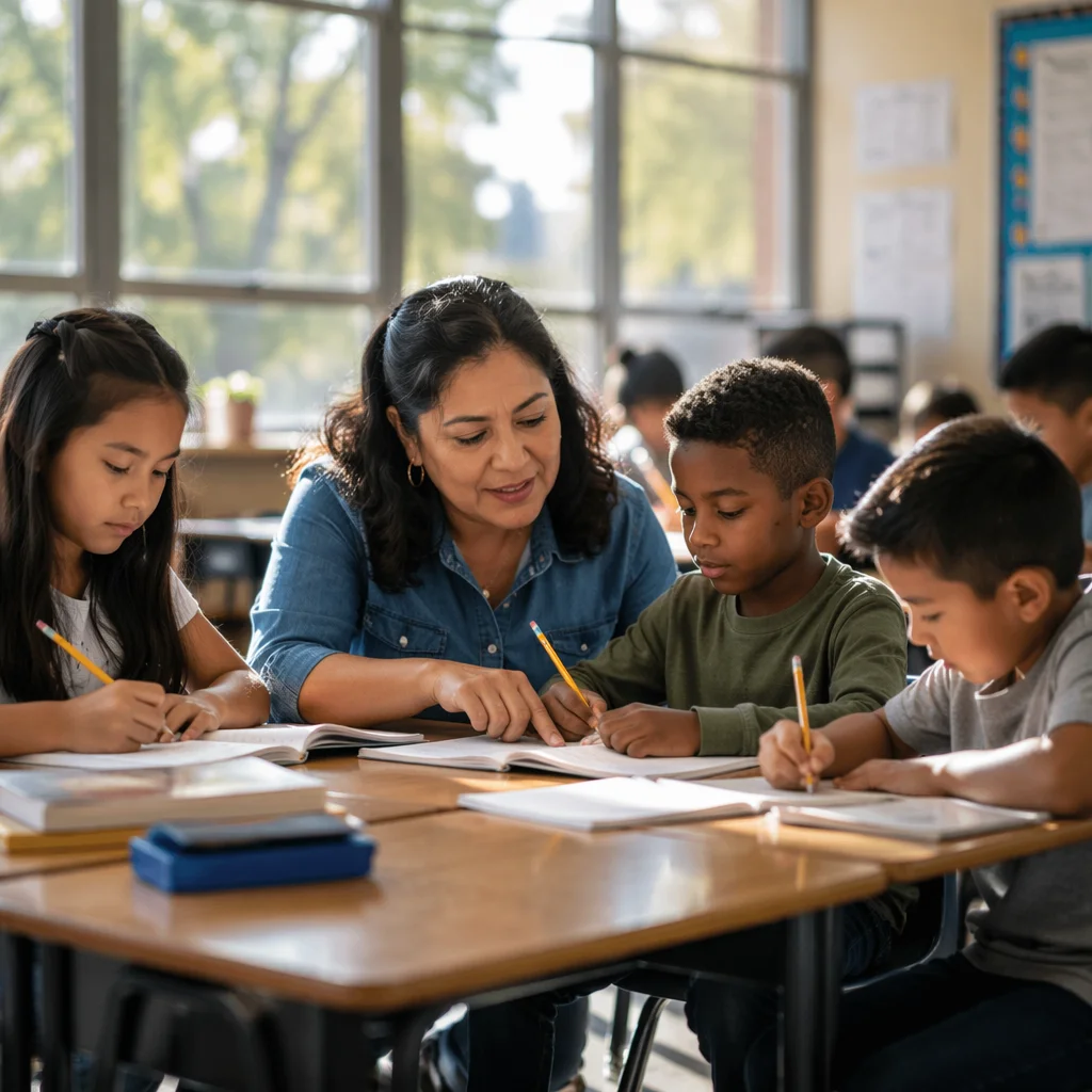 Caring Teacher Helping Student in Diverse Classroom
