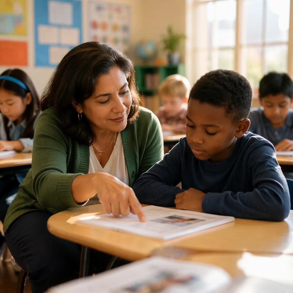 Teacher Helping Student in Bright Classroom