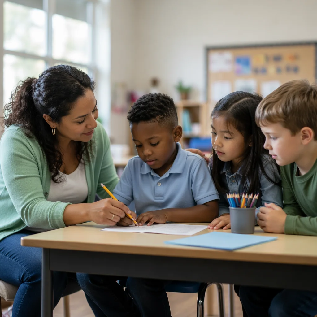 Teacher Helping Student in Bright Classroom