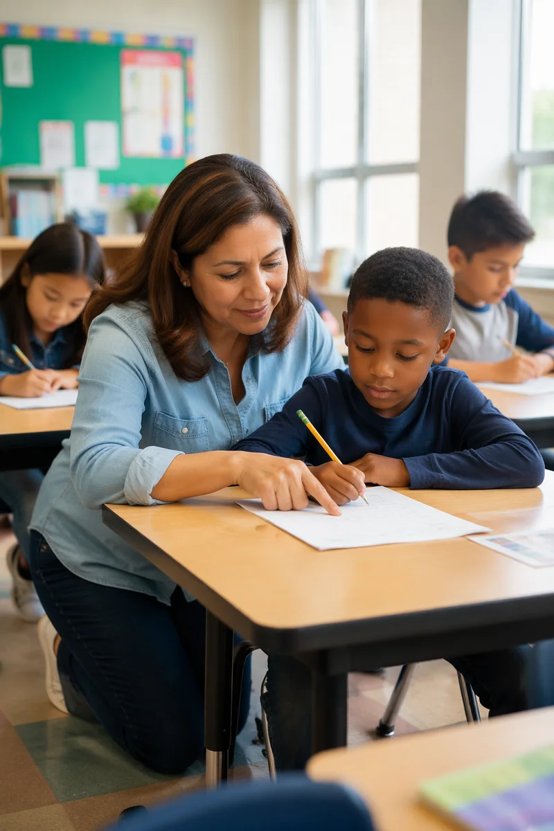 Teacher Helping Student in Bright Classroom