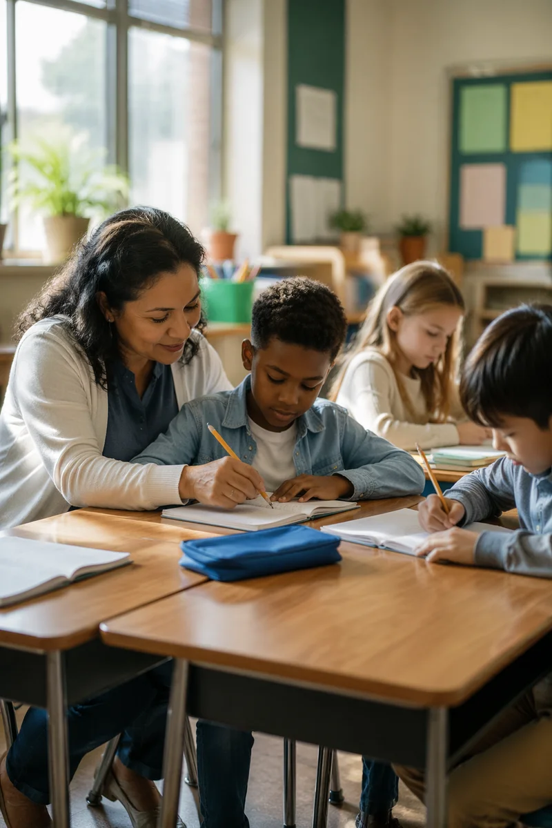 Teacher Helping Student in Bright Classroom