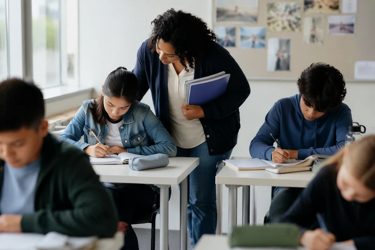 Diverse Teacher Supporting Students in Classroom
