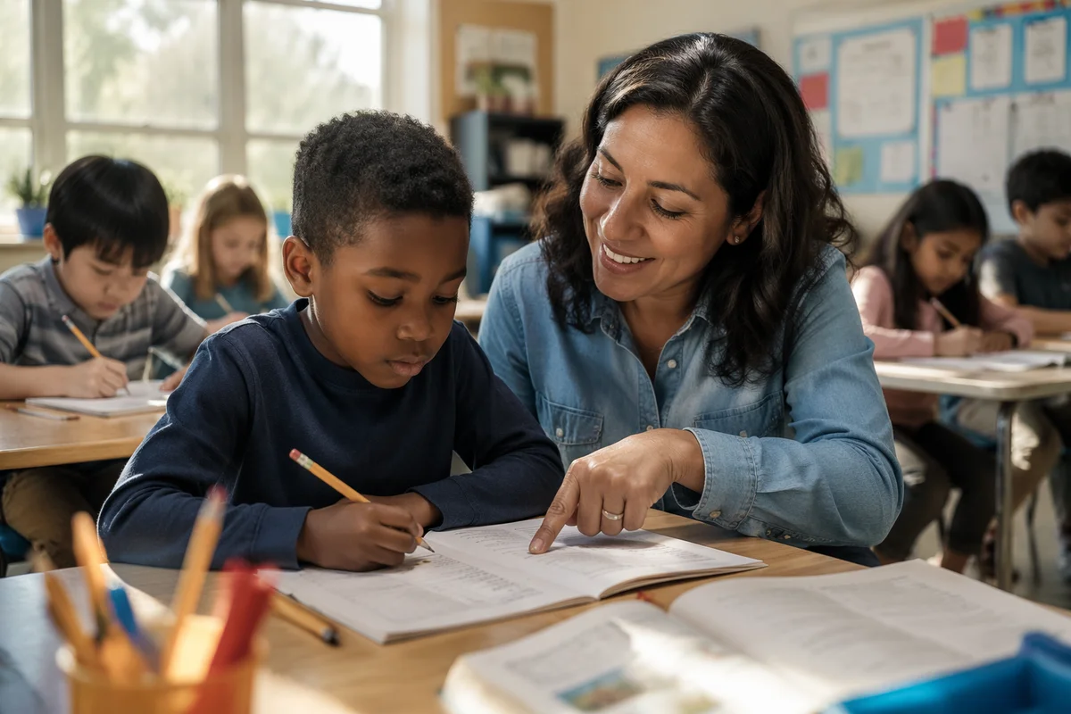 Teacher Helping Student in Sunny Classroom