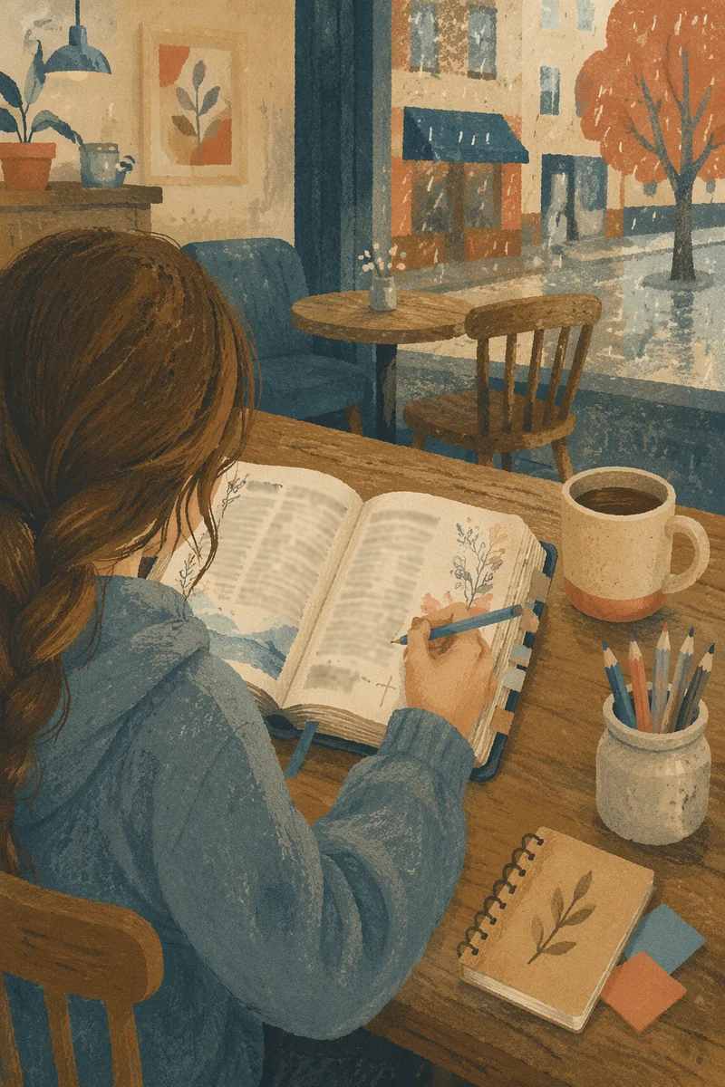 Teen Bible Journaling in Cozy Coffee Shop