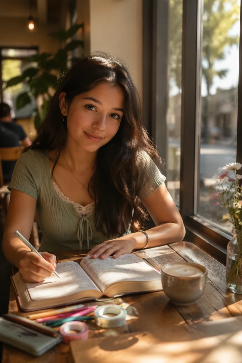 Teen Girl Journaling in Coffee Shop