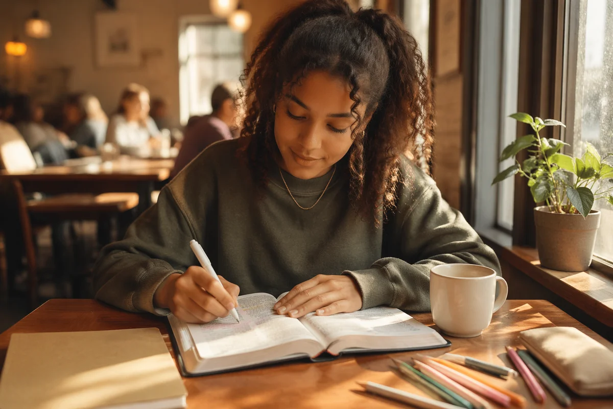 Teen Girl Journaling in Cozy Coffee Shop