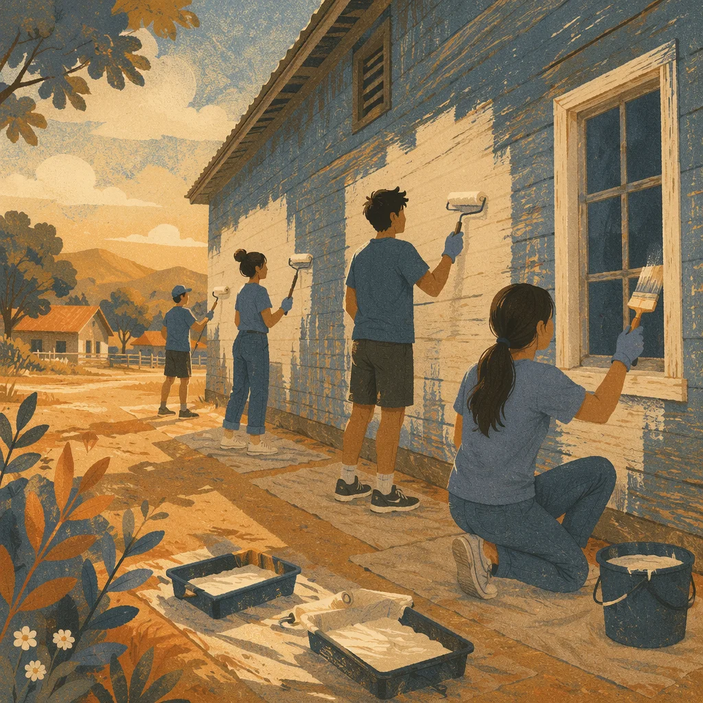 Teen Volunteers Repainting Rural Community Building