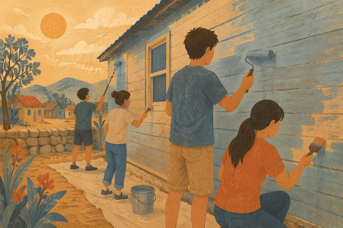 Teen Volunteers Painting Community Building Wall