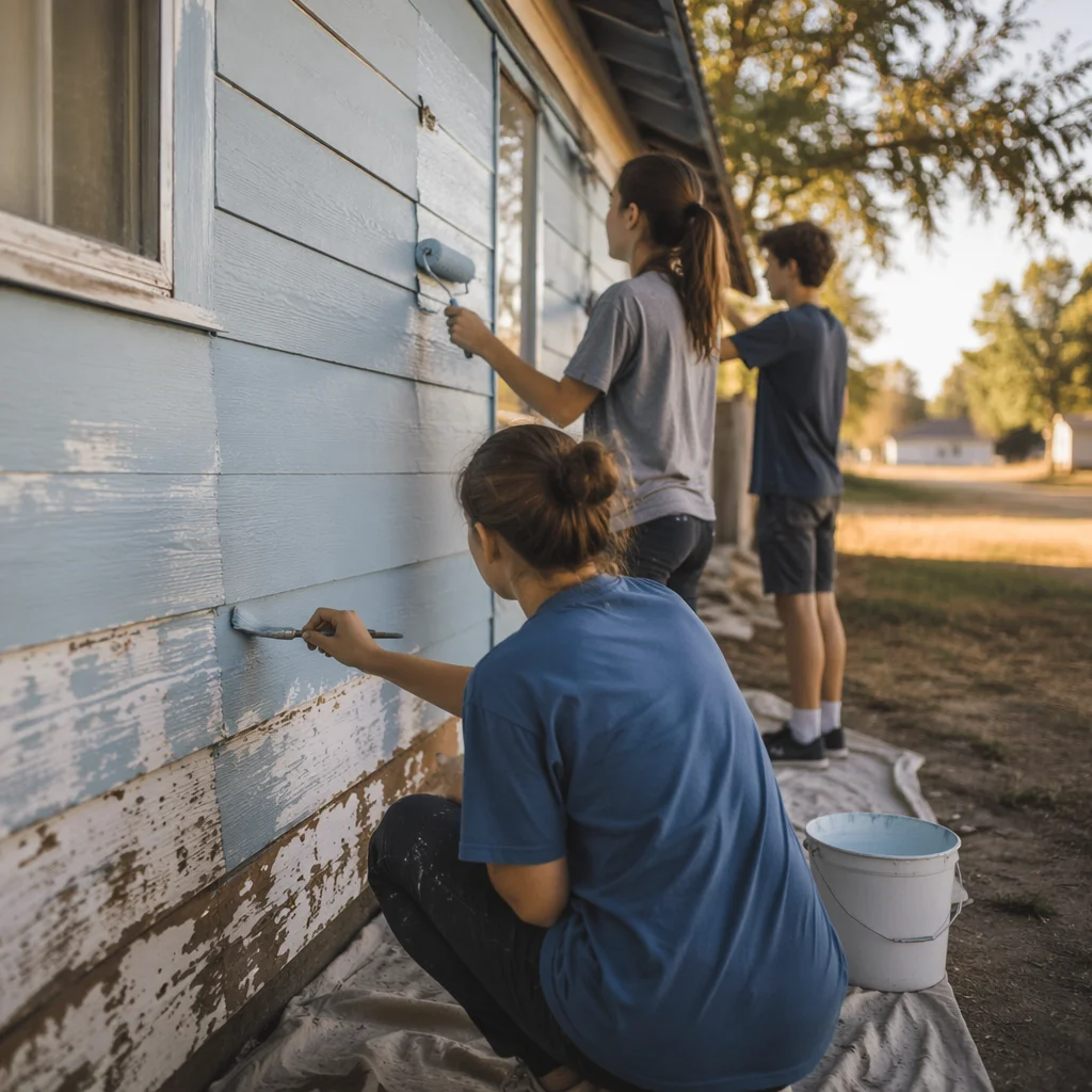 Teen Volunteers Painting Community Building Exterior