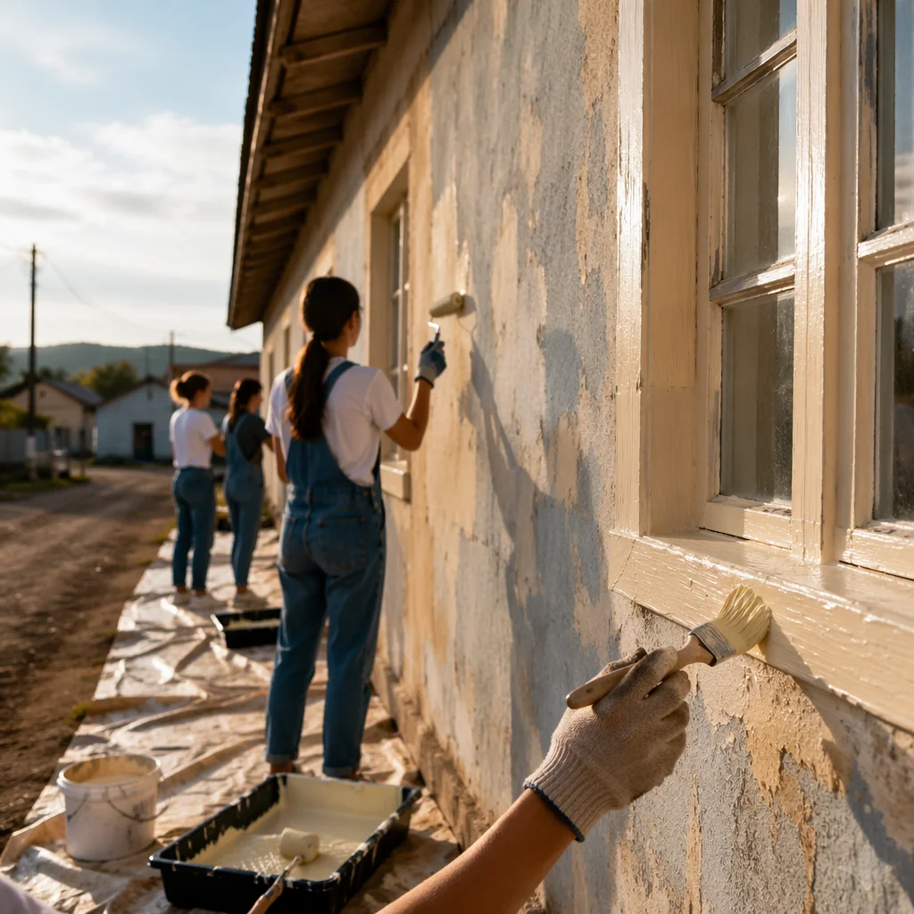 Teen Volunteers Repainting Rural Community Building