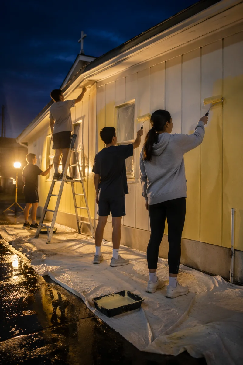 Teen Volunteers Painting Community Building at Dusk