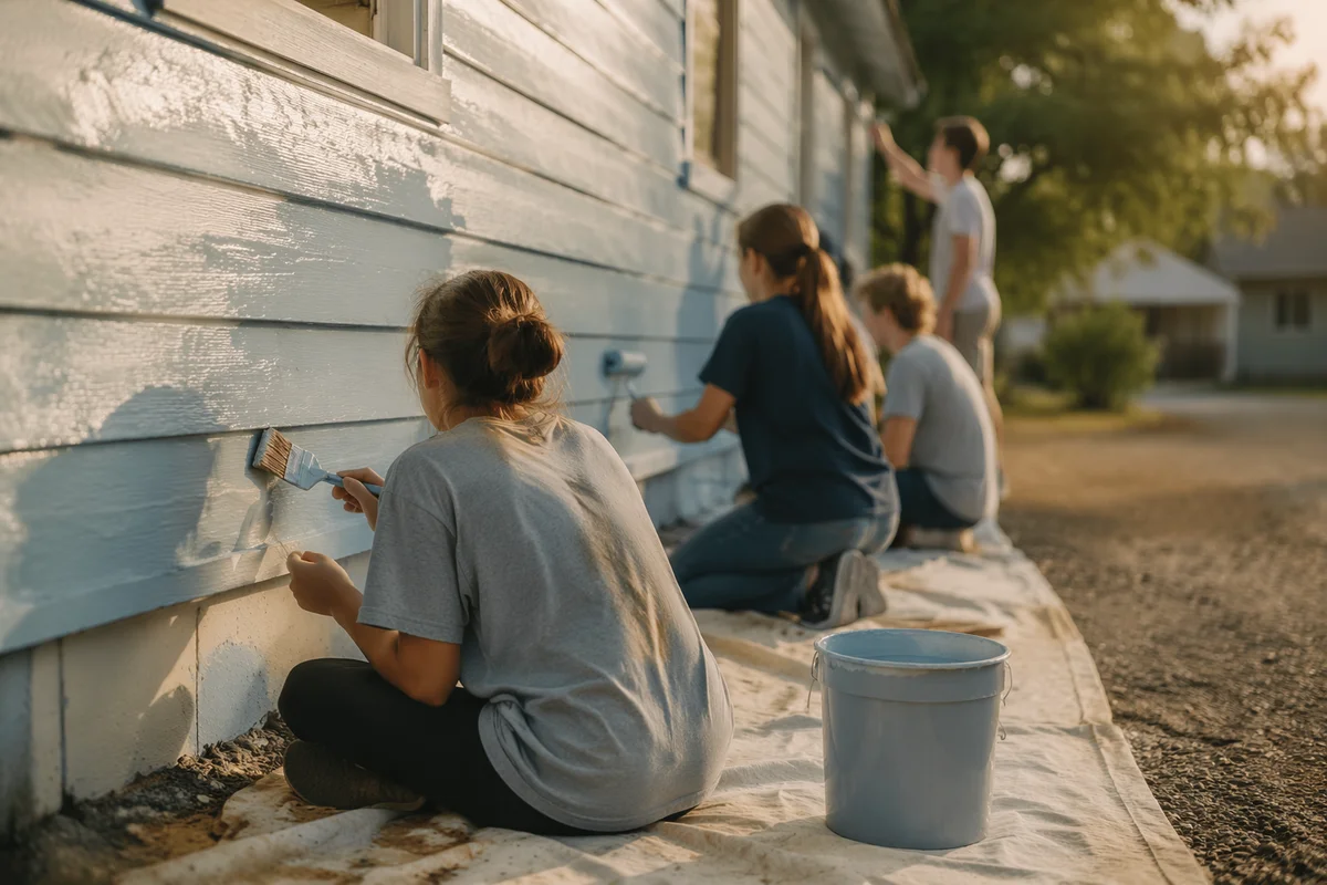 Teen Volunteers Painting Community Building Exterior