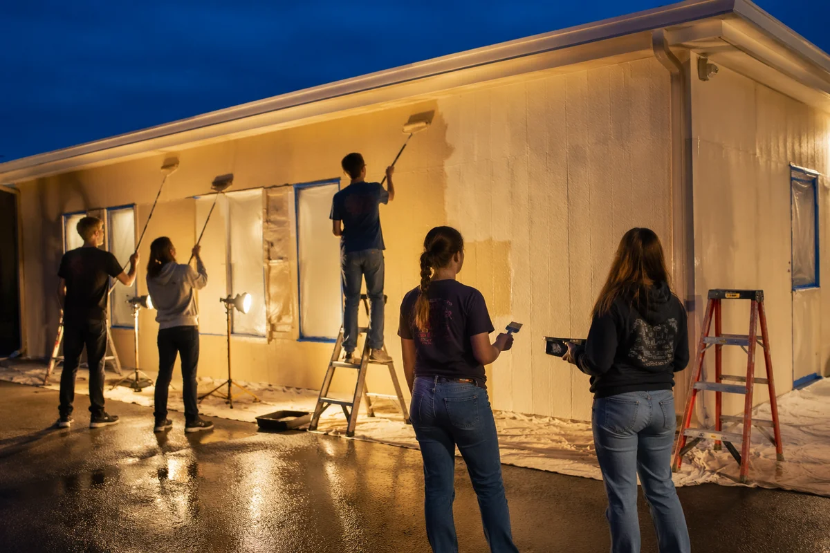Teen Volunteers Painting Community Building at Dusk
