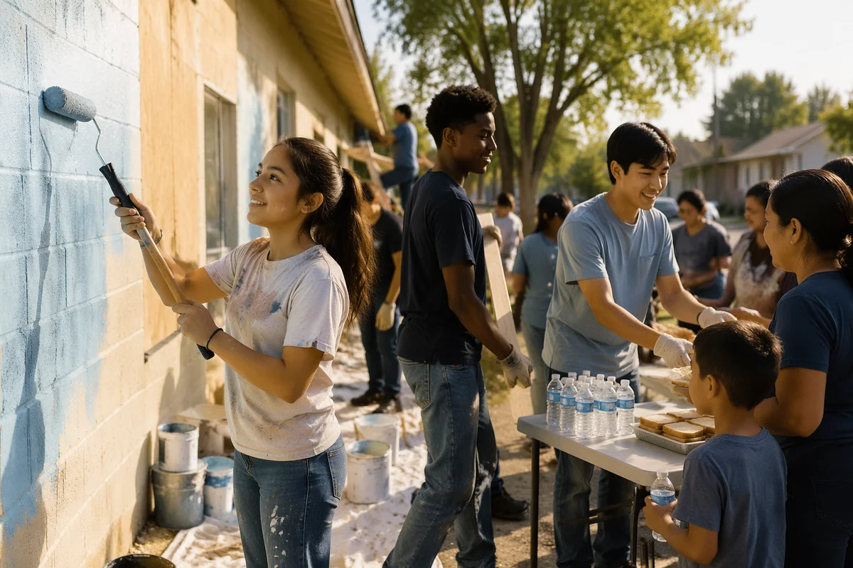 Teen Volunteers Repainting Neighborhood Center Outdoors