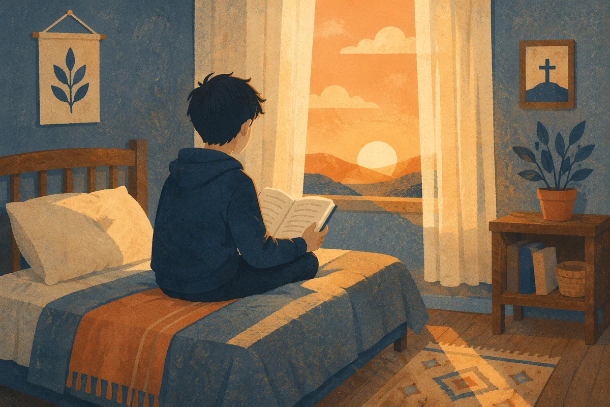 Teenager Reading Bible in Quiet Bedroom