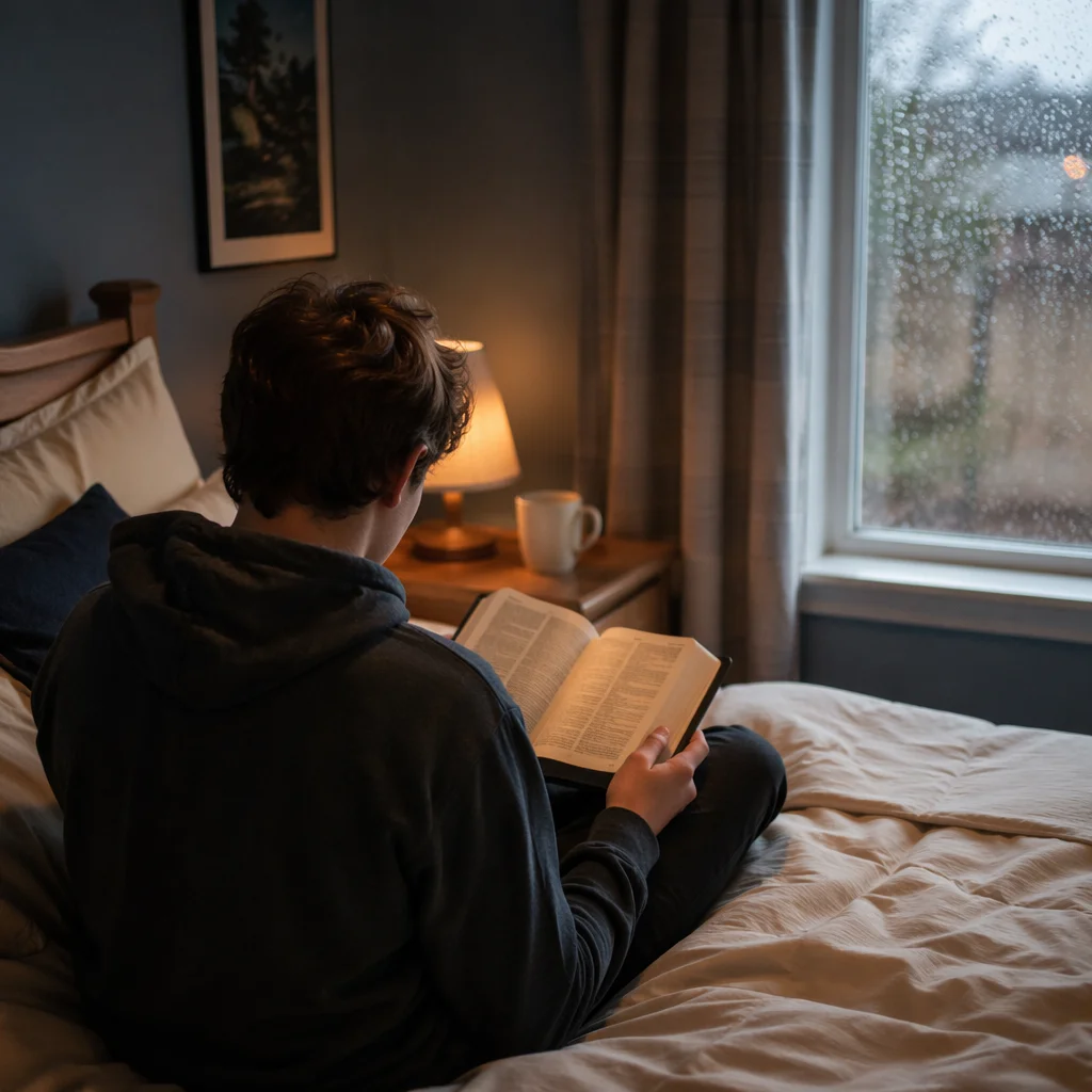 Teen Reading Bible in Quiet Bedroom