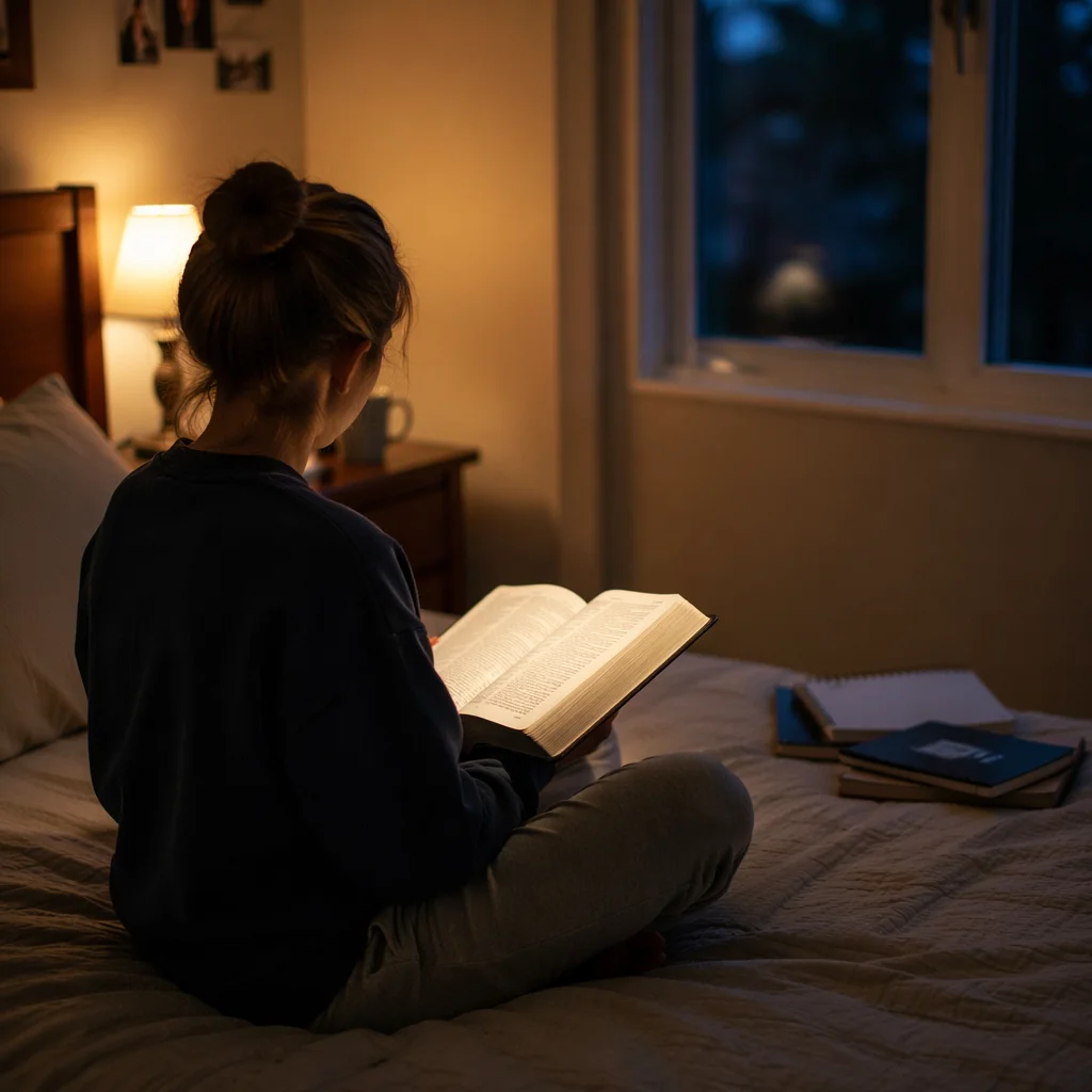 Teenager Reading Bible in Quiet Bedroom