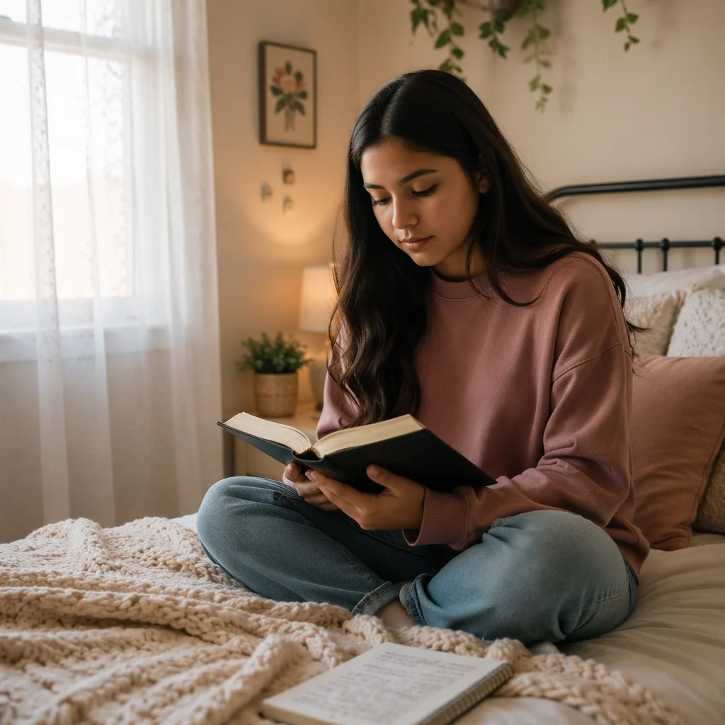 Teen Girl Reading Bible by Window