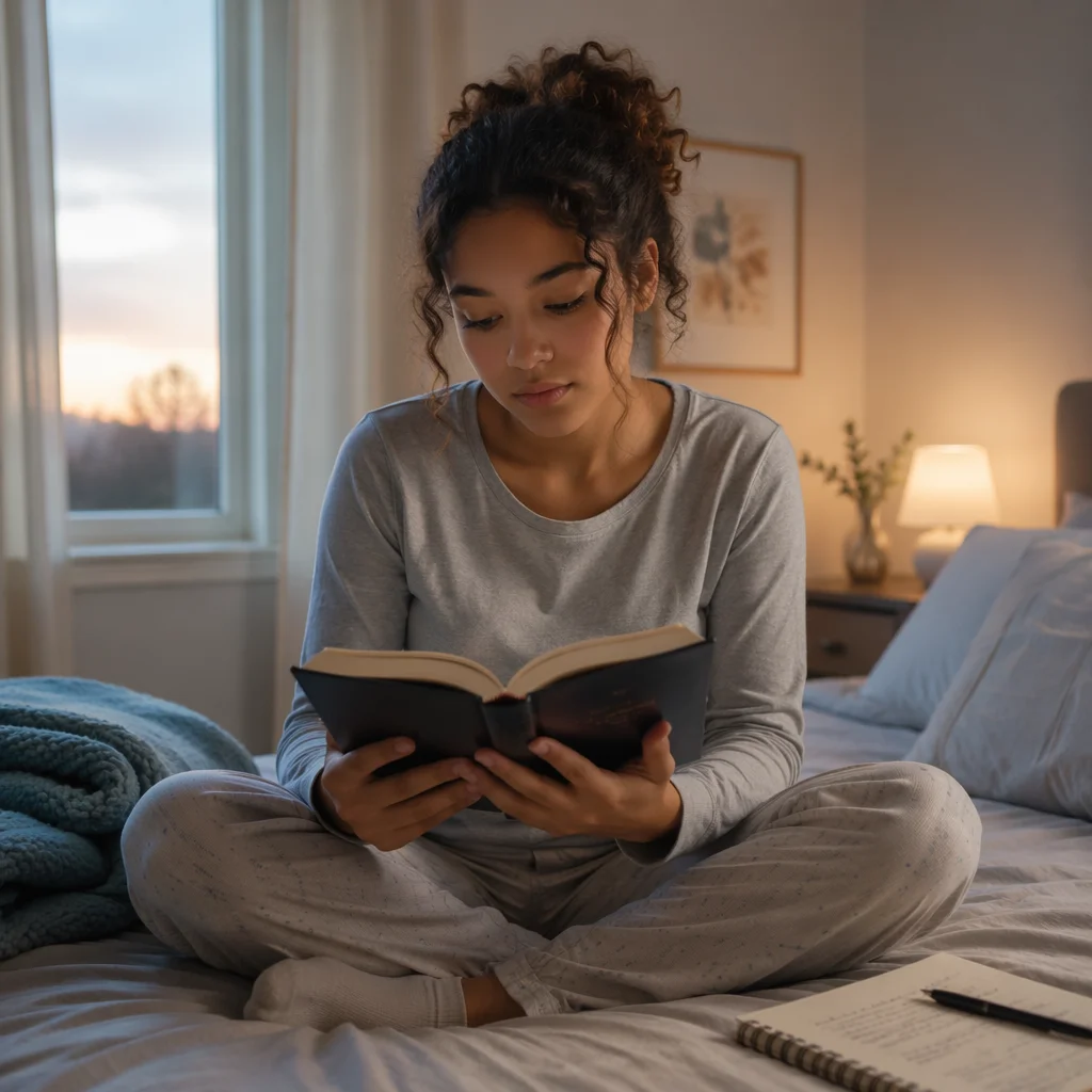 Teenage Girl Reading Bible in Bedroom