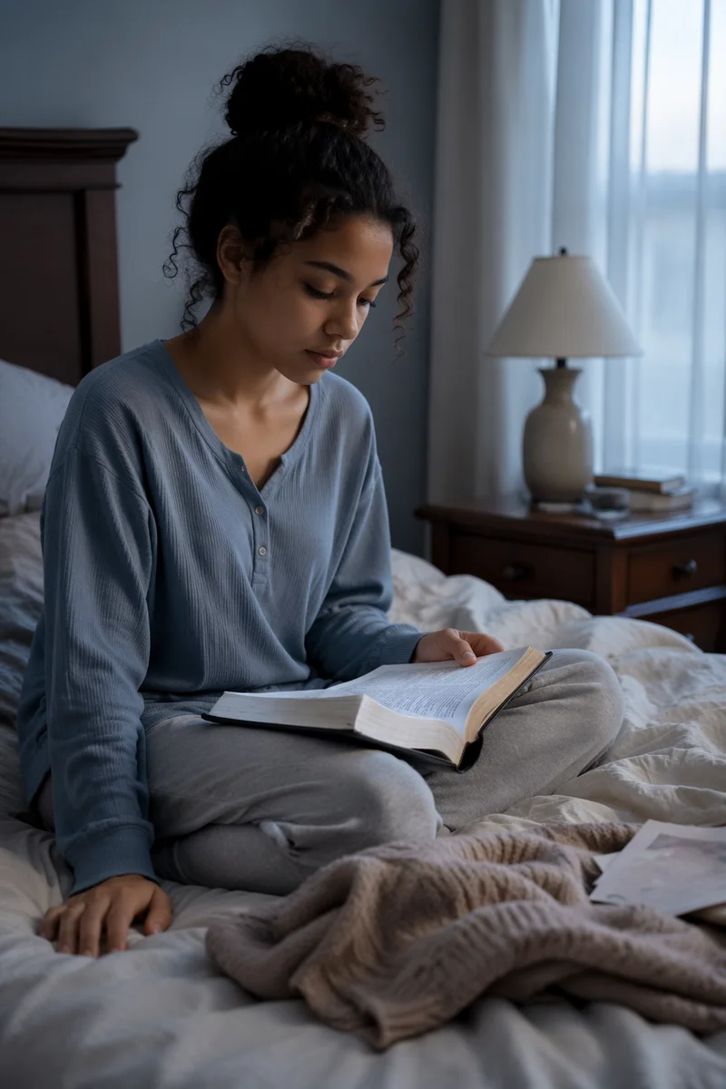 Teenage Girl Reading Bible in Bedroom