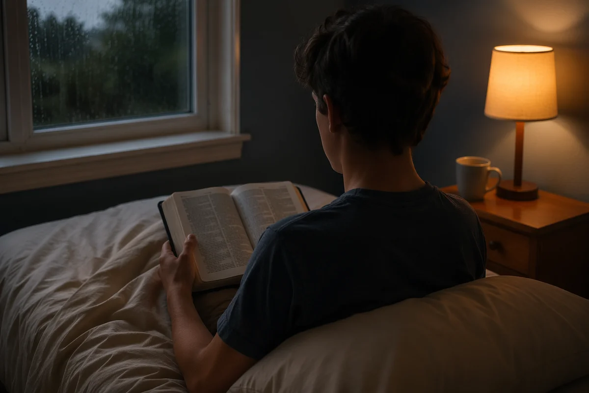Teen Reading Bible in Quiet Bedroom