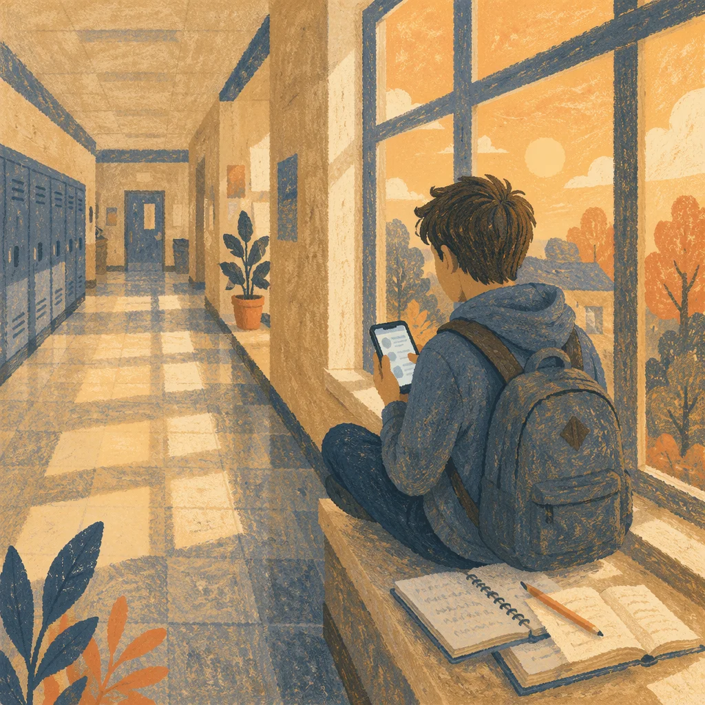 Reflective Teen Student with Phone After Class