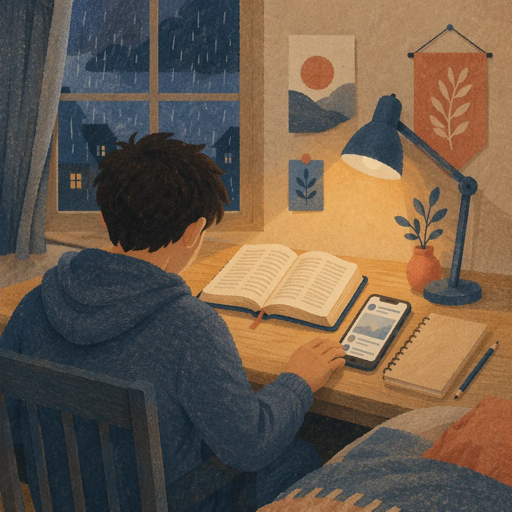 Teen Student Pausing Phone for Devotion