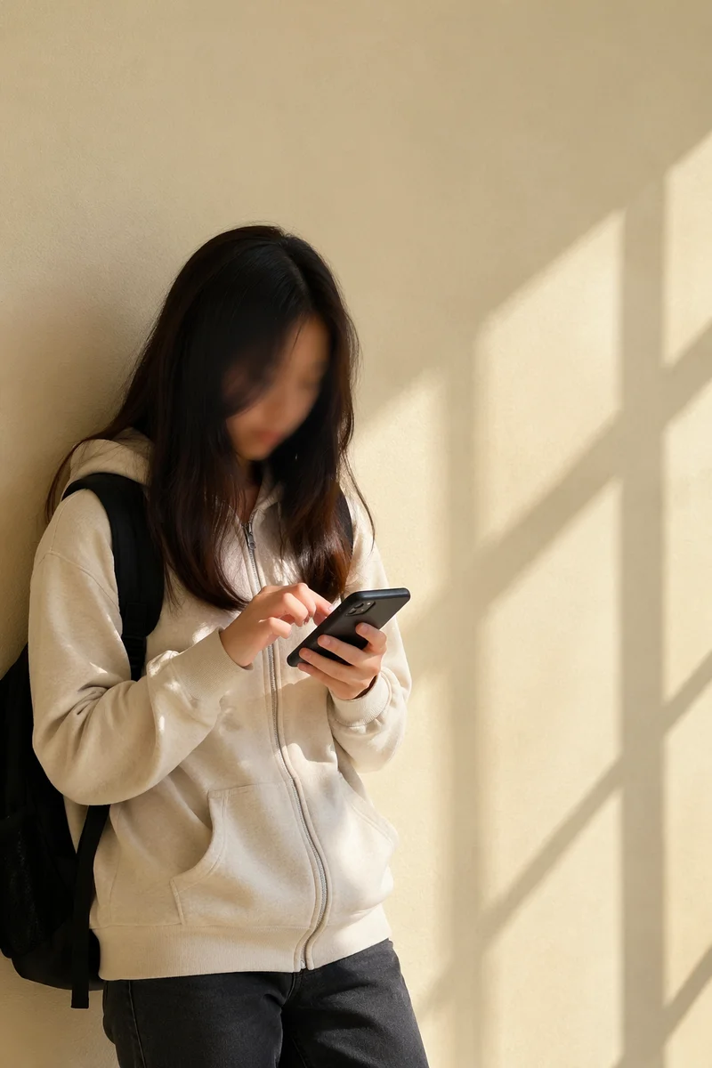 Teen Student Checking Phone Between Classes