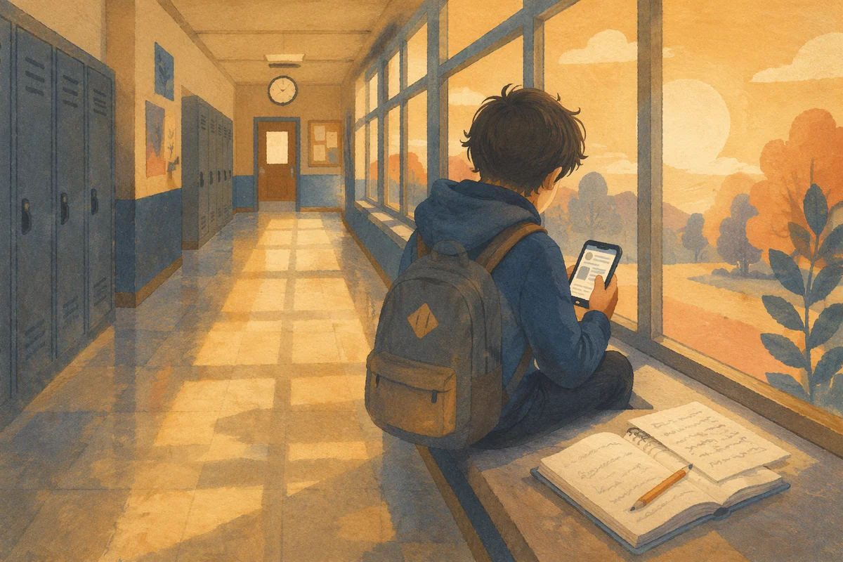 Teen Student Reflecting with Phone After Class
