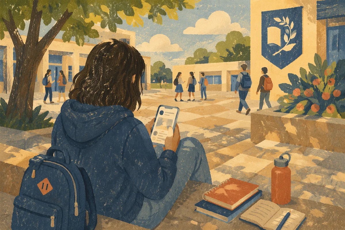 Teen Student Using Phone at School