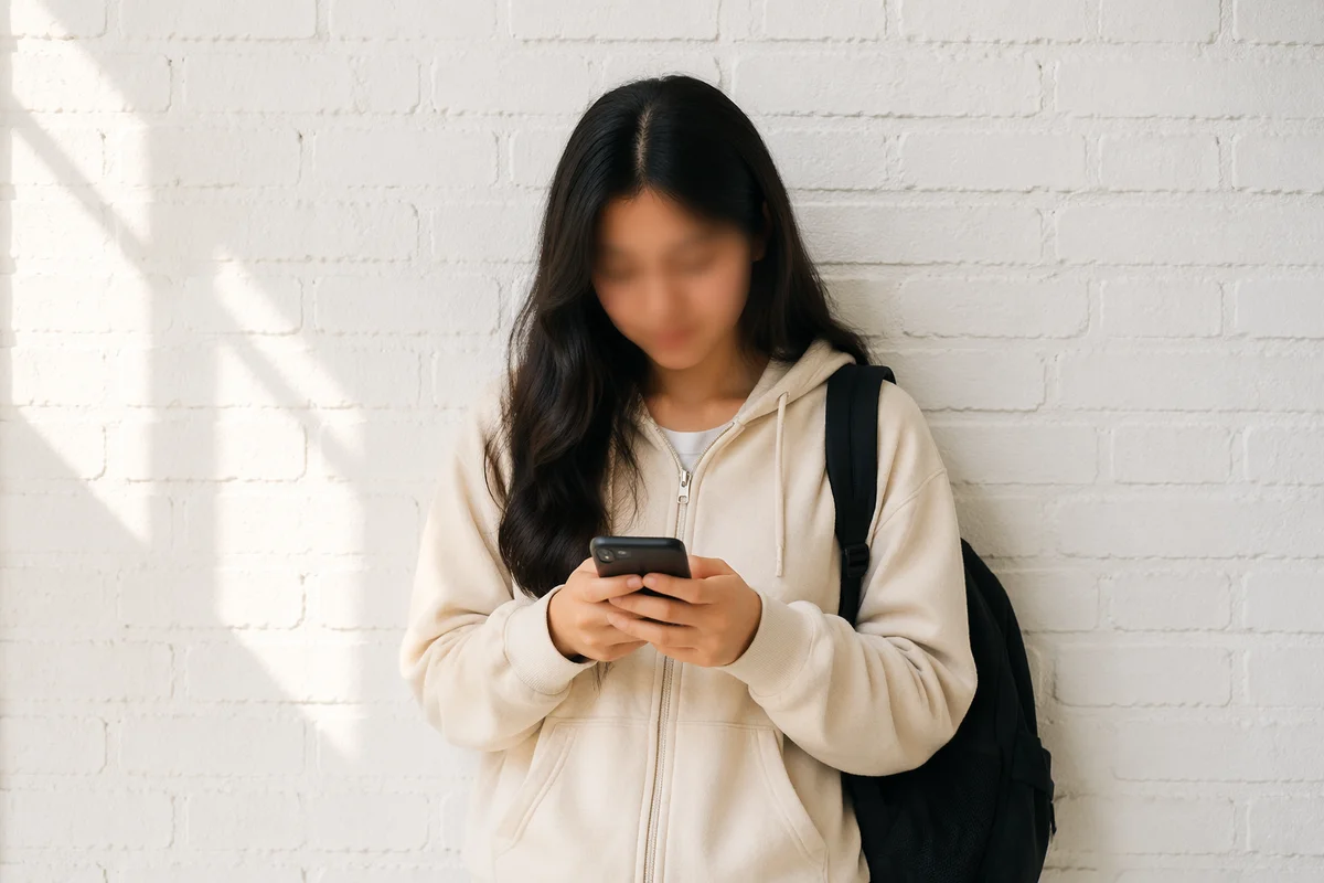 Teen Student Checking Phone by White Wall