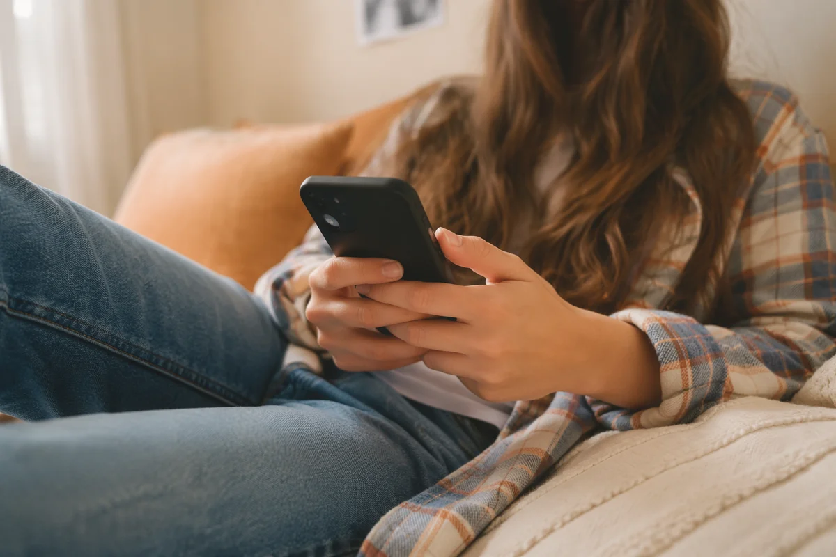 Teen Student Relaxing with Phone Indoors