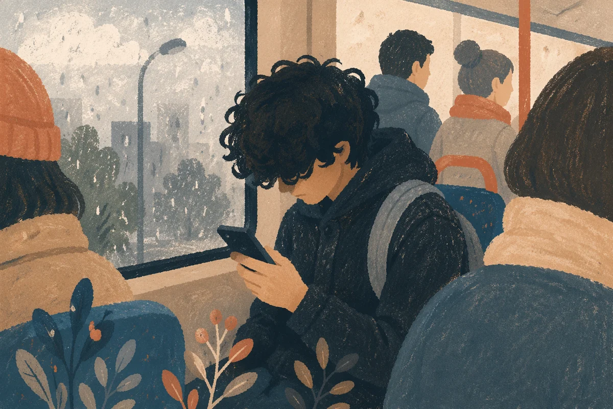 Teen Student Browsing Phone on Rainy Bus