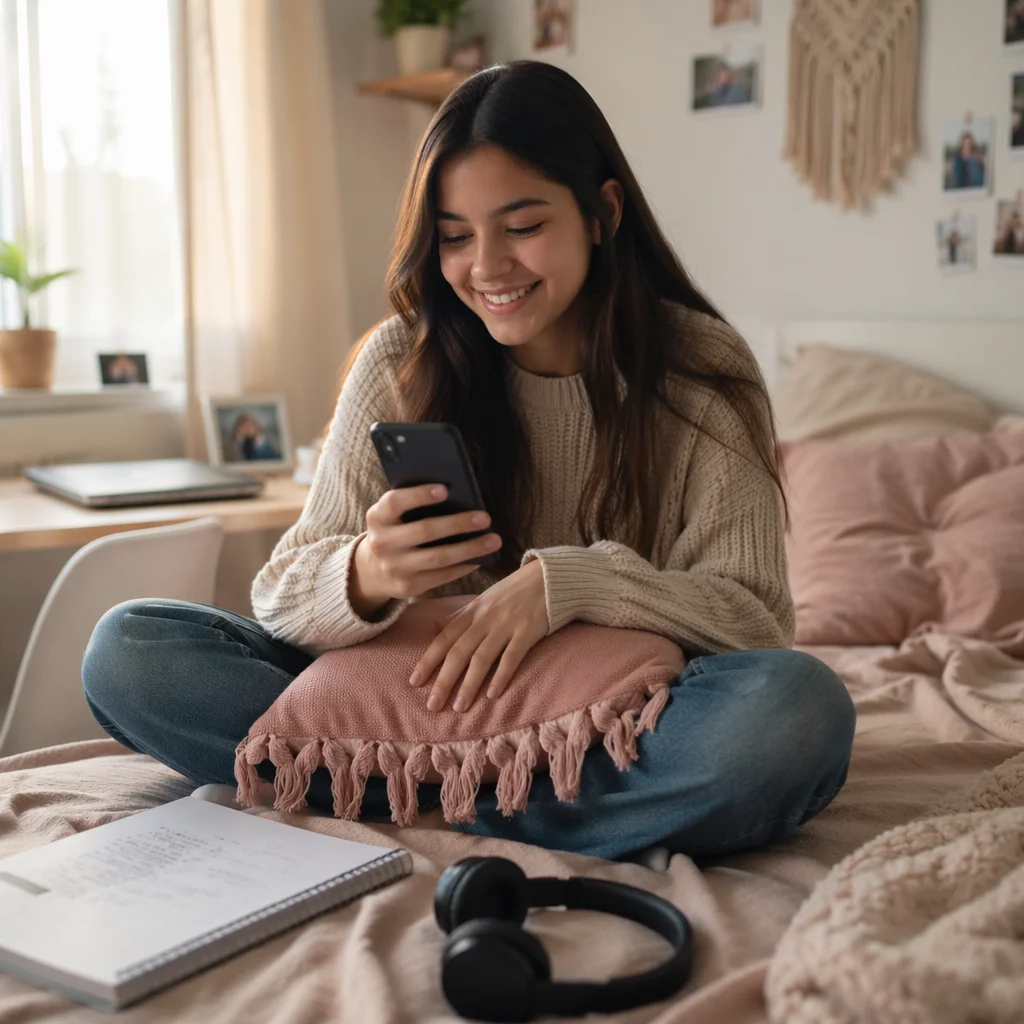 Teen Girl Smiling at Phone on Bed