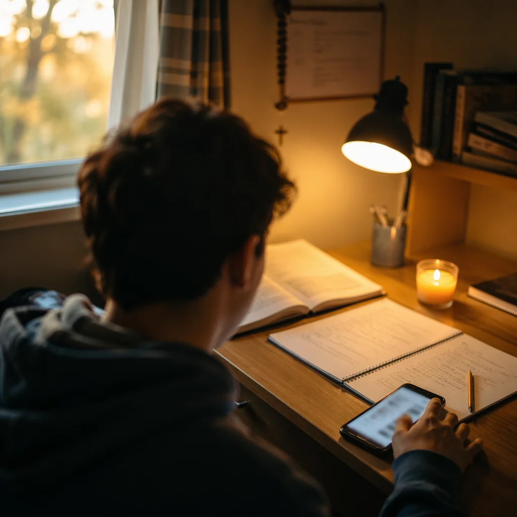 Teen Student Reflecting Beside Smartphone
