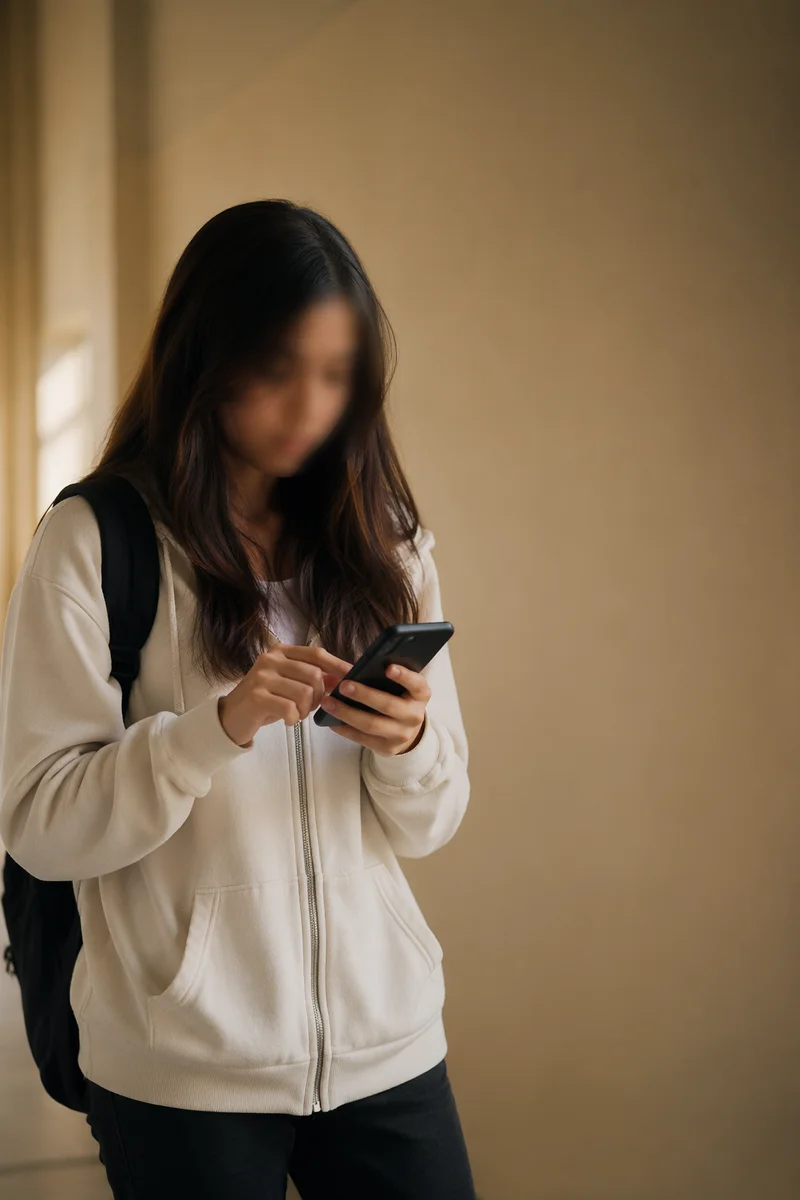Teen Student Checking Phone Between Classes