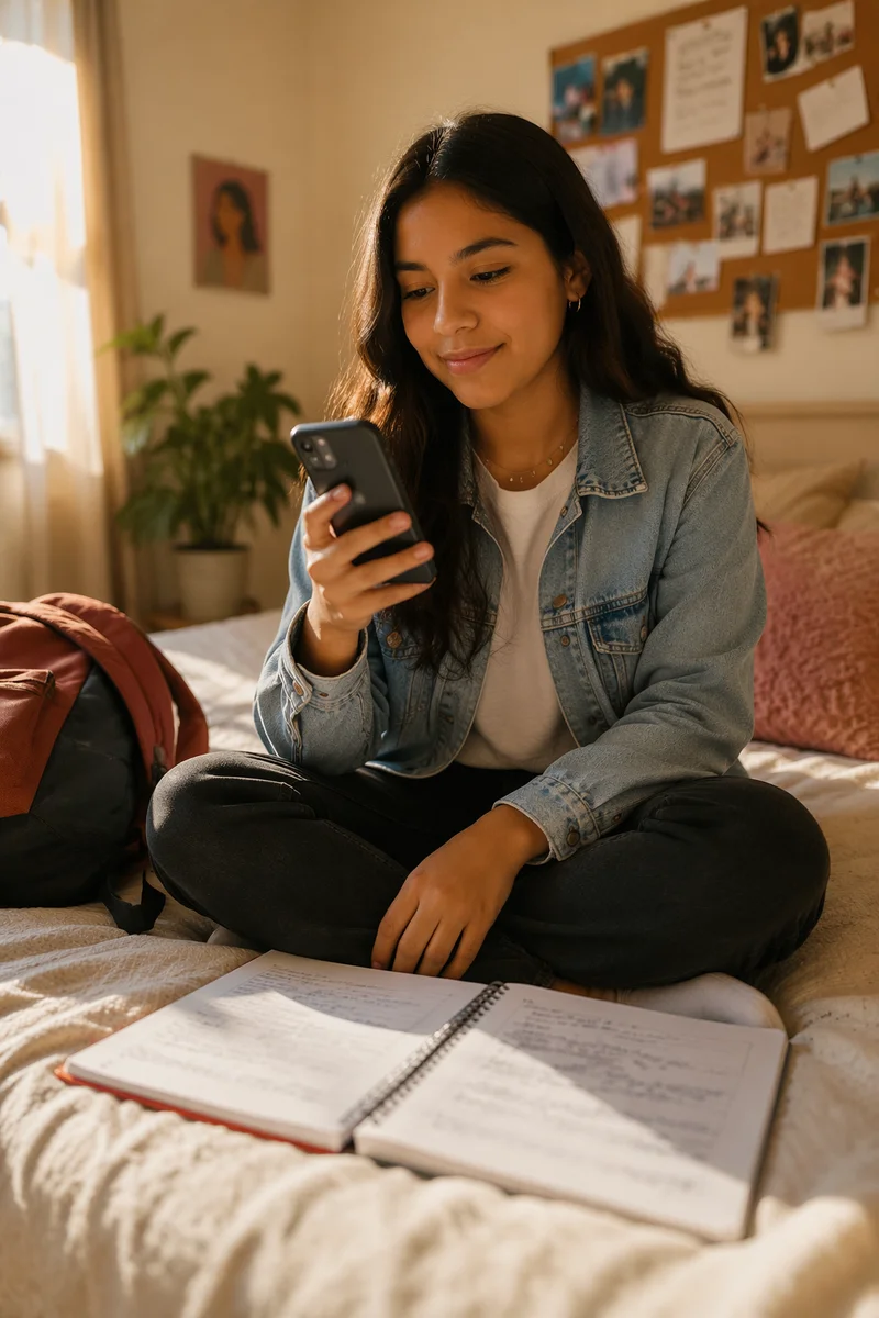 Teen Student Using Smartphone on Bed
