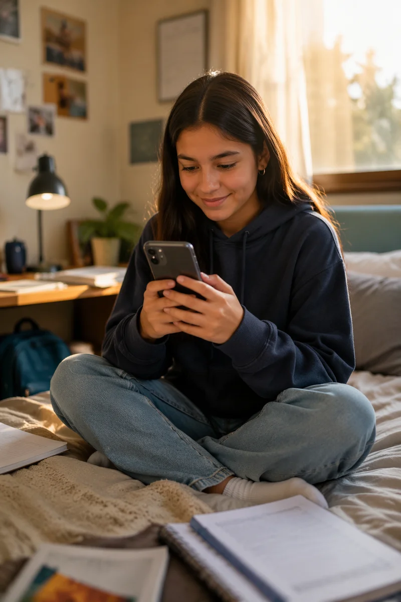 Teen Girl Using Smartphone on Bed