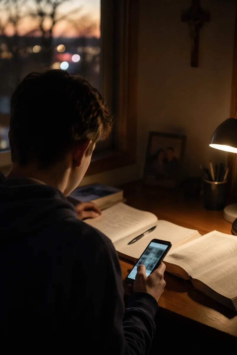 Teen Student Using Phone at Desk