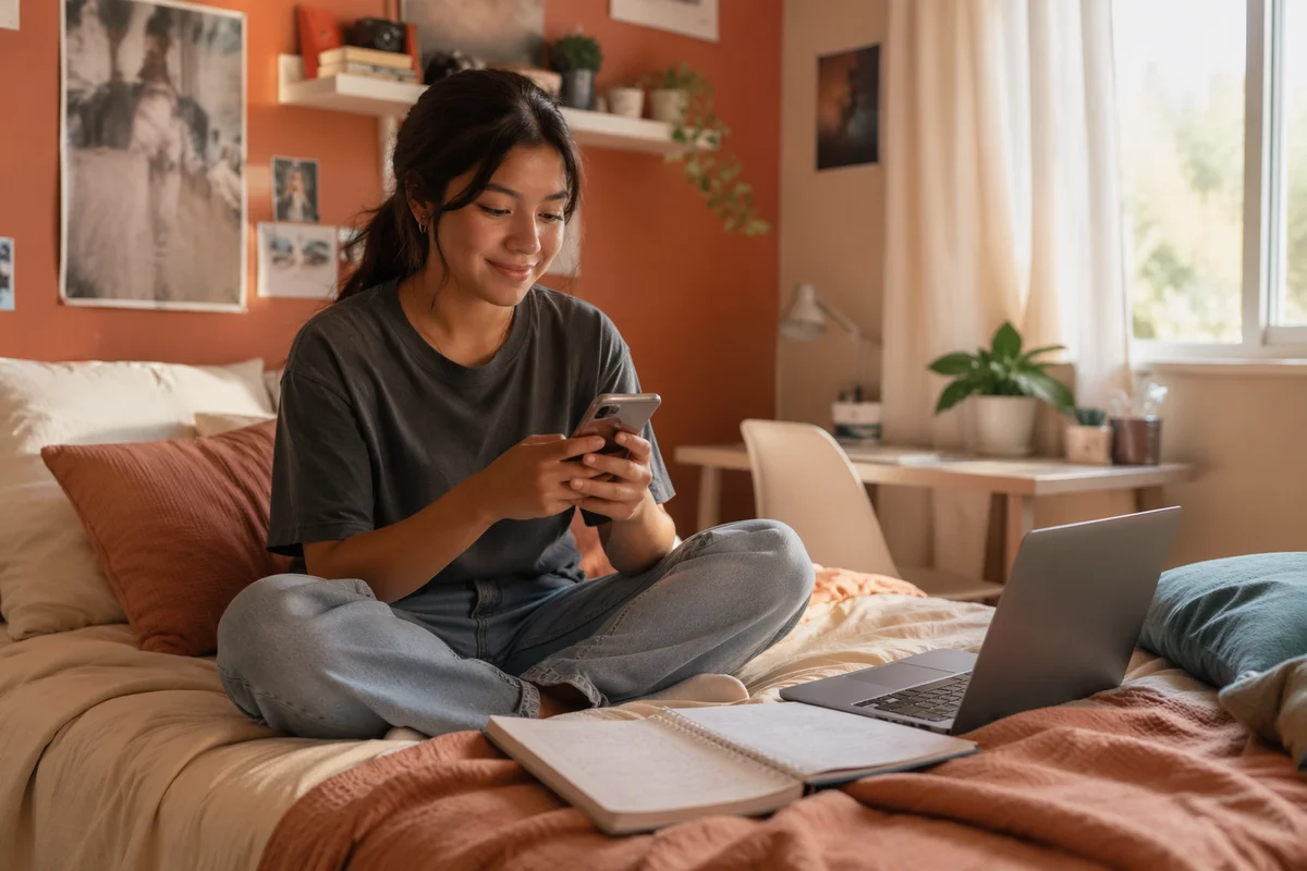 Teen Student Using Smartphone on Bed