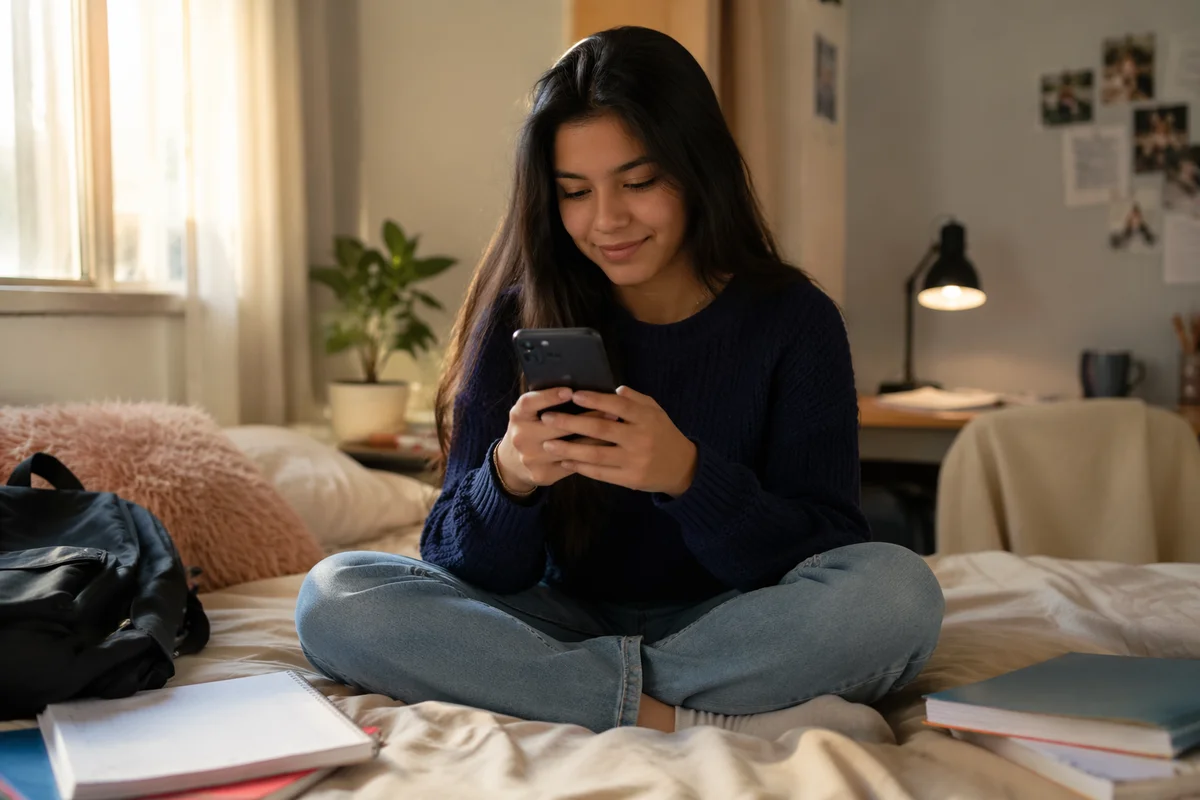 Teenage Girl Using Smartphone on Bed