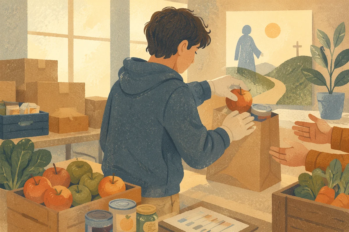 Teen Volunteer Serving at Church Food Bank