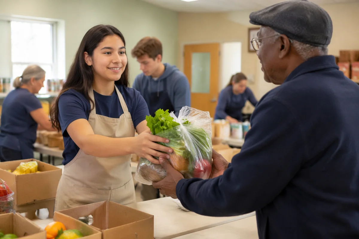 Teen Volunteer Serving Vegetables at Food Pantry