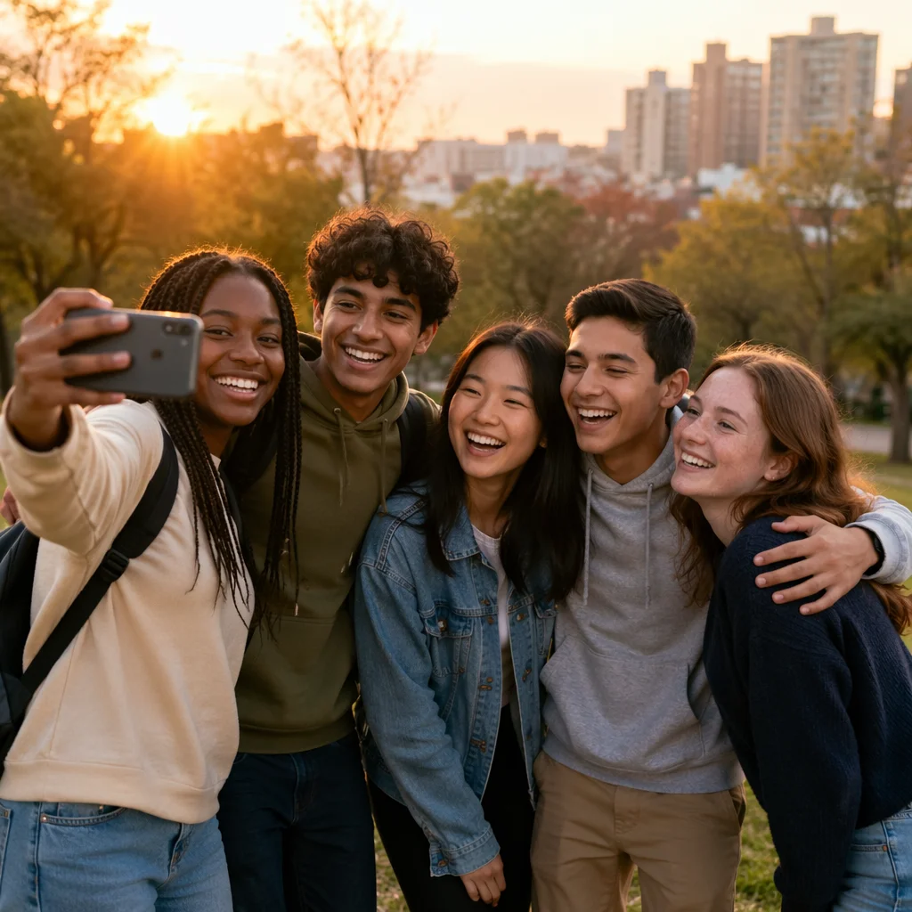 Diverse Teenagers Taking Selfie at Sunset